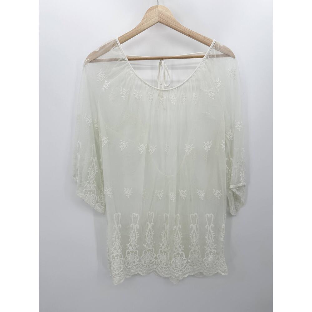Bikini Lab Women White Sheer Lace Embroidered Tie Back Swim Cover-Up Large